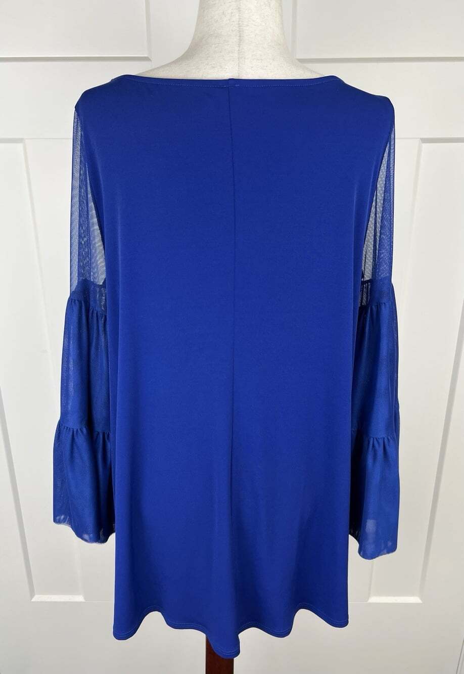 IC by Connie K Tunic Top L Blue Violet Sheer Mesh Ruffle Sleeve Made USA - Picture 4 of 7